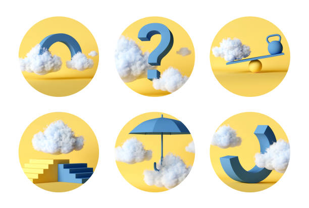 3d render, set of assorted yellow round stickers with white clouds and blue objects, modern icons for social account design. Abstract circles isolated on white background