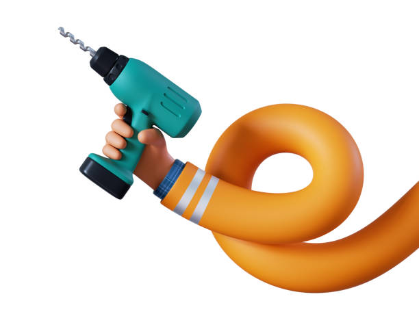 istock 3d render, elastic spiral cartoon human hand holds green electric drill. Professional builder with equipment. Construction tool. Renovation service clip art isolated on white background 1429028653