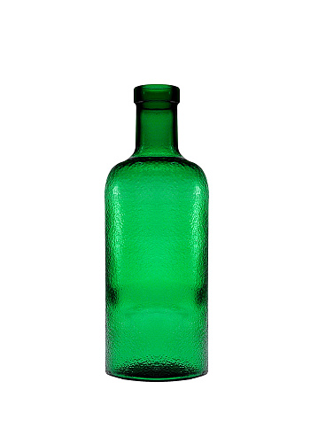 This is a front view photograph of a blank gold liquor bottle isolated on a white background