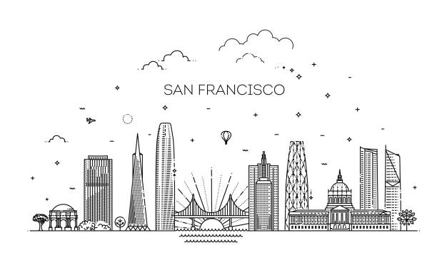 ilustracja linii horyzontu linii architektury san francisco. liniowy wektorowy pejzaż miejski ze słynnymi punktami orientacyjnymi - san francisco county skyline vector bridge stock illustrations