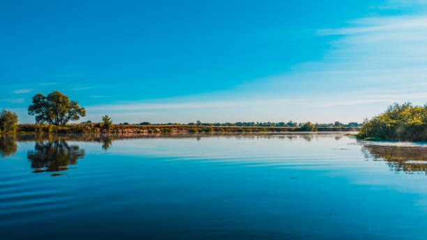 vue aérienne d’un beau paysage d’été au-dessus de fleuve tandis que l’aube. vue supérieure au-dessus de la rivière avec une surface lisse d’eau reflétant le ciel bleu. - horizon over water horizontal surface level viewpoint photos et images de collection