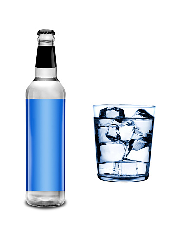 bottle and glass with ice cubes isolated on white