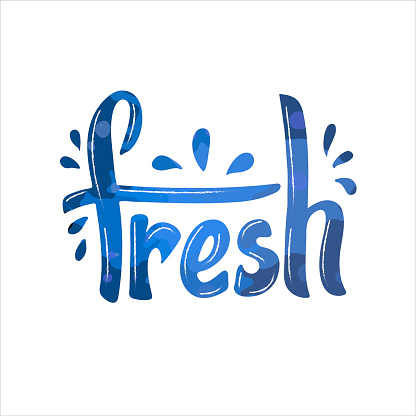 Fresh. vector hand lettering. Trendy modern phrase. Fresh calligraphy is used for vegetables products packaging  juice fruits water. Blue watercolor letters with drops on the white background. Banner
