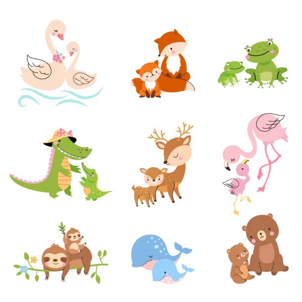 ilustrações de stock, clip art, desenhos animados e ícones de cartoon cubs and mother animals. mother elephant koala, wild cute baby. animal and pets, funny family bird in love. mom bear and swan nowaday vector characters - koala animal love cute