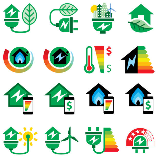 symbole für grüne energie und energieeffizienz - airshow stock-grafiken, -clipart, -cartoons und -symbole