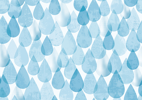 Vector illustration of raindrops, rain shower, rainwater, rainfall, water droplets. Rainy day seamless pattern grunge textured background with copy space.
