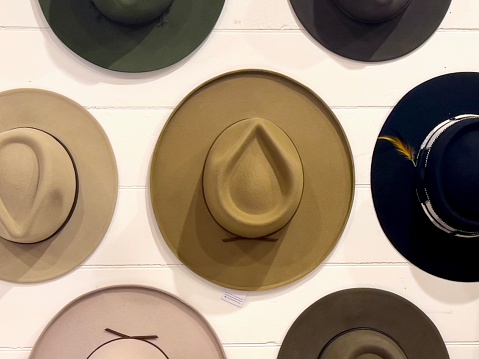 Horizontal high angle closeup photo of a variety of felt brimmed hats hanging on display on a cream coloured wooden wall in a shop.