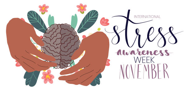 istock International stress awareness week November web banner with handwritten calligraphy. Human hands and brain. 1429051734