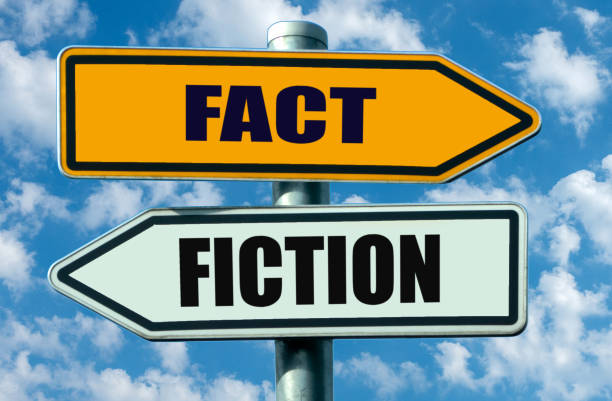 Fact or fiction? two signposts pointing in opposite directions Fact or fiction? two signposts pointing in opposite directions speaking with forked tongue stock pictures, royalty-free photos & images