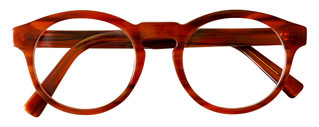 isolated front view of folded brown acetate men's spectacles