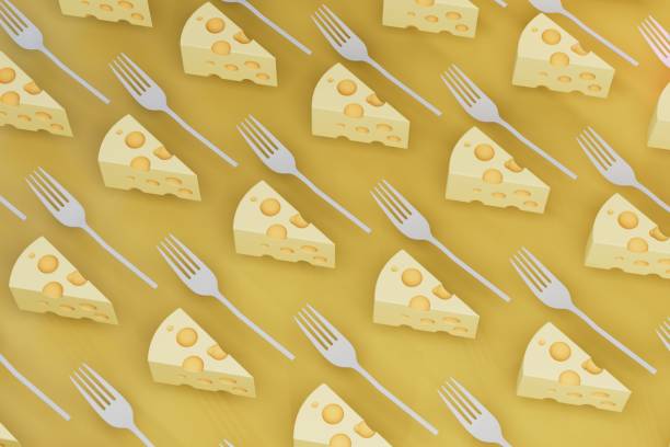 istock abstract background. patterns of pieces of cheese and forks on a yellow background. 3D render 1429058211
