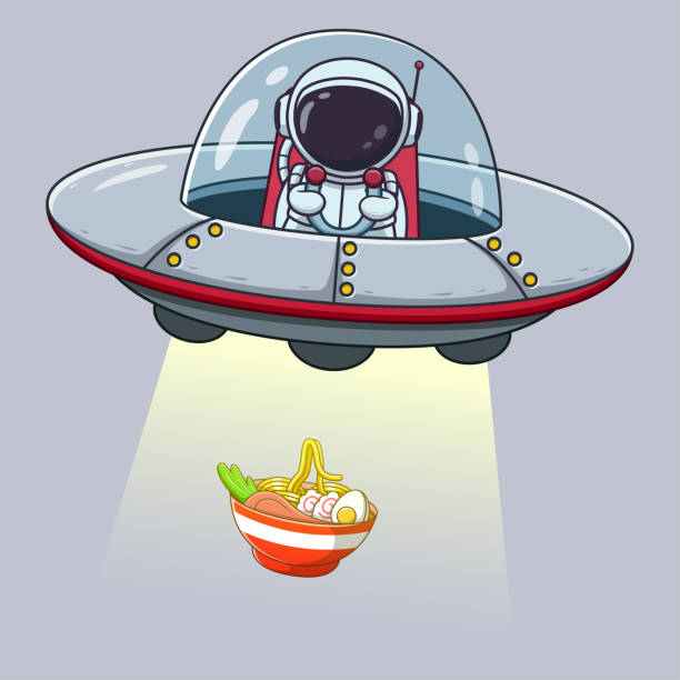 uroczy astronauta łapiący makaron ramen z kreskówką ufo. koncepcja ikony astronauty. płaski styl kreskówki. nadaje się do strony docelowej, banera, ulotki, naklejki, karty - mascot alien space mystery stock illustrations