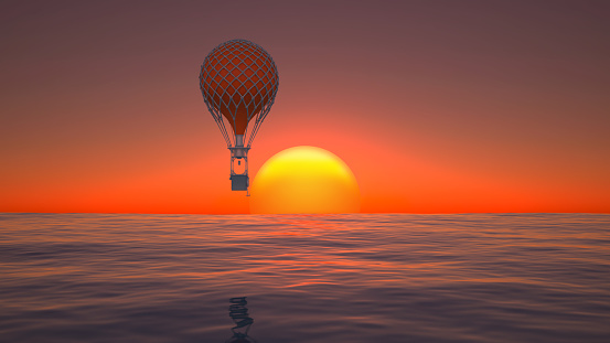 ice balloon over the sea horizon at sunset. 3d rendering