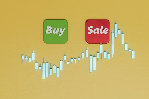 the concept of price increases. buttons buy and sale located above the graphic on a yellow background. 3D render.