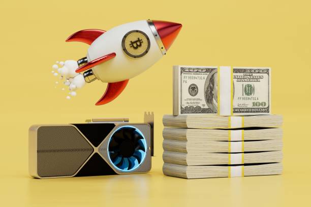 istock earnings on cryptocurrency mining on video cards. a rocket with bitcoin, dollars and a video card. 3D render 1429060925