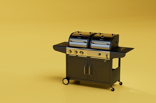 the concept of cooking outdoors. bbq grill black on yellow background. 3d render.