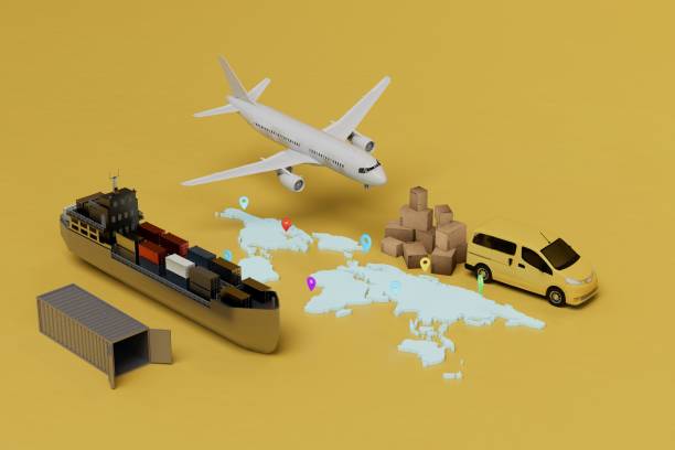 istock delivery of parcels around the world by car, by plane, in a container on a ship. 3d render 1429061310