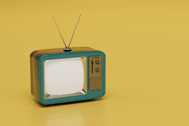 istock Beautiful vintage television with antenna on an yellow background. 3d render 1429062726