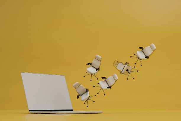 istock items to create a workplace. laptop and office chairs on a yellow background. 3d render 1429062788
