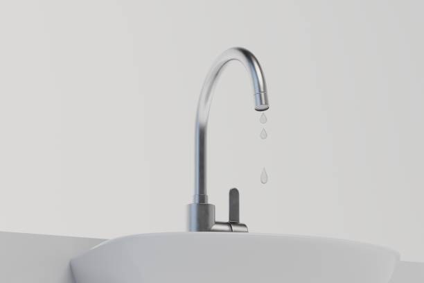 woda kapiąca z kranu do umywalki 3d render - leaking faucet water scarcity zdjęcia i obrazy z banku zdjęć