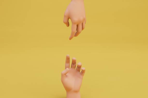 istock two hands reaching out to each other on a yellow background. 3d render 1429063645
