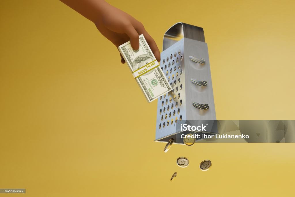 change coin concept. erasing cash on a grater and receiving dollar coins. 3d render change coin concept. erasing cash on a grater and receiving dollar coins. 3d render. Arm Stock Photo