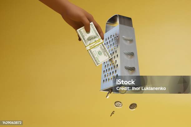Change Coin Concept Erasing Cash On A Grater And Receiving Dollar Coins 3d Render Stock Photo - Download Image Now