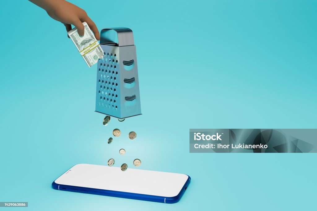 change coin concept on smartphone. erasing cash on a grater and receiving dollar coins. 3d render change coin concept on smartphone. erasing cash on a grater and receiving dollar coins. 3d render. Arm Stock Photo