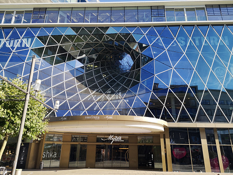 The modern facade of MyZeil Shopping mall in Frankfurt downtown district, Germany.