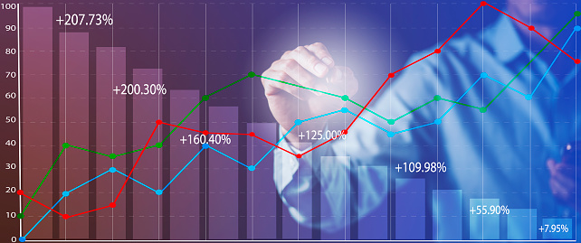 Business losses on the stock market chart concept, Business use pen touch line market chart and arrows fall to the ground, indicating the economic recession that will occur in 2022