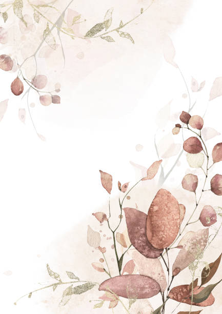 istock Watercolor autumn greenery frame template. Pink, orange, golden background with eucalyptus branches, leaves and washes. 1429066925
