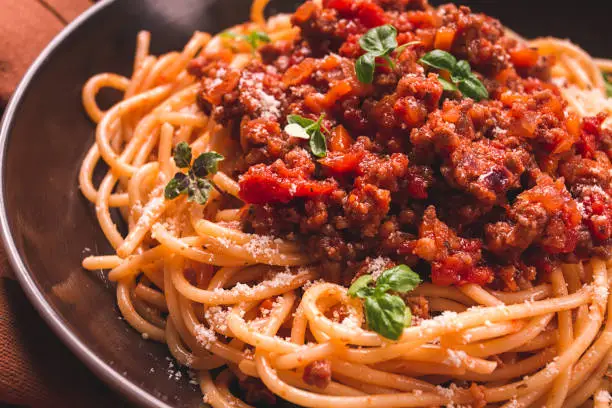 Photo of Spaghetti Bolognese, top view, close-up, no people, homemade,