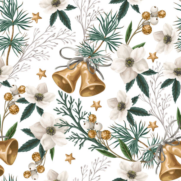 illustrations, cliparts, dessins animés et icônes de motif sans couture avec des plantes botaniques de noël, des fleurs et des cloches. impression textile ou papier peint. - poinsettia christmas christmas ornament backgrounds