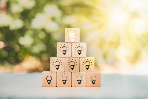 istock Wooden cube block tower with light bulb icon on white background, Conceptual of creative idea and innovation, New business idea, Creative and new idea, brainstorming creative idea and innovation. 1429073603