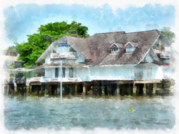 istock old house by the river watercolor style illustration impressionist painting. 1429073756