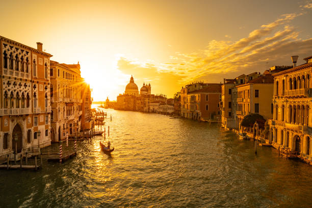 Sunrise over the canale grande (grand canal) in venice with one single gondolieri in his traditional gondola Early morning sunrise in Venice, traditional old buildings along water of grand canal, with basilica di santa maria della salute in the back, one unrecognizable gondolieri on way to work gondola traditional boat photos stock pictures, royalty-free photos & images