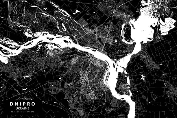 Dnipro, Ukraine Vector Map Topographic / Road map of Dnipro, Ukraine. Map data is open data via openstreetmap contributors. All maps are layered and easy to edit. Roads are editable stroke. dnieper river stock illustrations
