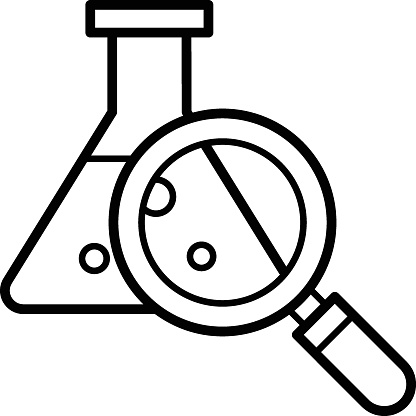 Mixing  titration flask vector line icon design, Biochemistry symbol, Biological processes  Sign, bioscience and engineering stock illustration, Erlenmeyer flask with magnifier Concept