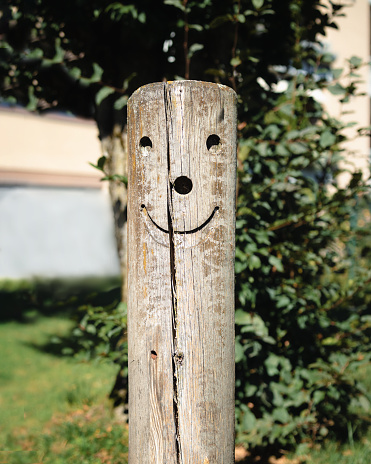 Happy and funny face carving as decoration on fence post. Lucerne Switzerland. Selective focus with defocused plants and building.