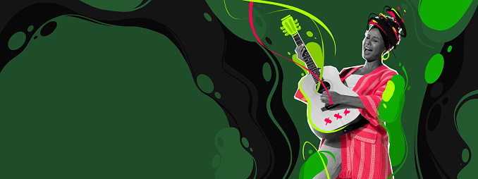 Contemporary art collage. Emotive african woman playing guitar, making performance. Green color splashes design. Concept of music lifestyle, artwork, festival, creativity. Copy space for ad, poster