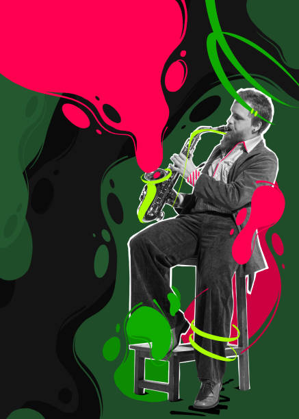 istock Contemporary art collage. Young man playing saxophone performing over colorful splashes background. Abstract design 1429078696