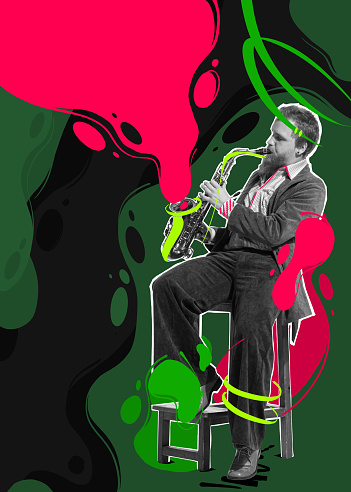 Contemporary art collage. Young man playing saxophone performing on colorful splashes background. Abstract design. Concept of music lifestyle, artwork, festival, creativity. Copy space for ad, poster