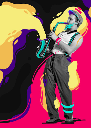 Contemporary art collage. Young man playing saxophone performing. Design with multi color splashes . Concept of music lifestyle, artwork, festival, creativity. Copy space for ad, poster