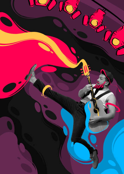 istock Contemporary art collage. Emotive active man playing guitar, performing. Multicolored splashes design 1429078742