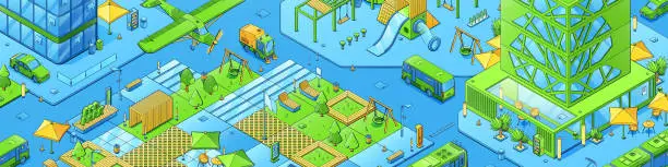 Vector illustration of Isometric city map with eco park, playground