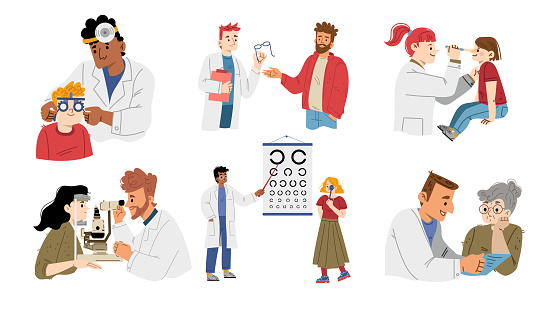 Ophthalmologists check patients vision with slit lamp and eye test chart. Vector flat illustration of doctor optometrists exam eyesight of adult people, elder woman and kids
