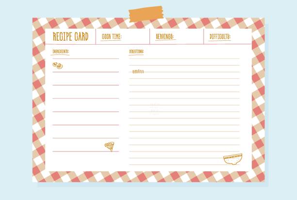 Recipe card for banner Recipe card for banner design. Food retro background for menu.Cute vector illustration set, blank cookbook template A4 recipe stock illustrations