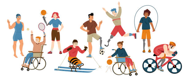 Paralympic athletes, sport people with disability Paralympic athletes, sport people with prosthesis and in wheelchair. Vector flat illustration of active characters with disabilities training, play soccer, basketball, tennis, jogging, swim and skiing cartoon of the physical fitness stock illustrations