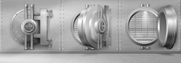 Bank vault with open and closed safe door vector Bank vault with open and closed safe door. Vector realistic interior of room with round steel door and silver metal walls for safety storage deposits. Bank safe with dial lock safes and vaults stock illustrations