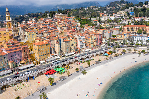 Aerial View of Old Town with Hotels in Menton, Cote d'Azur, French Riviera